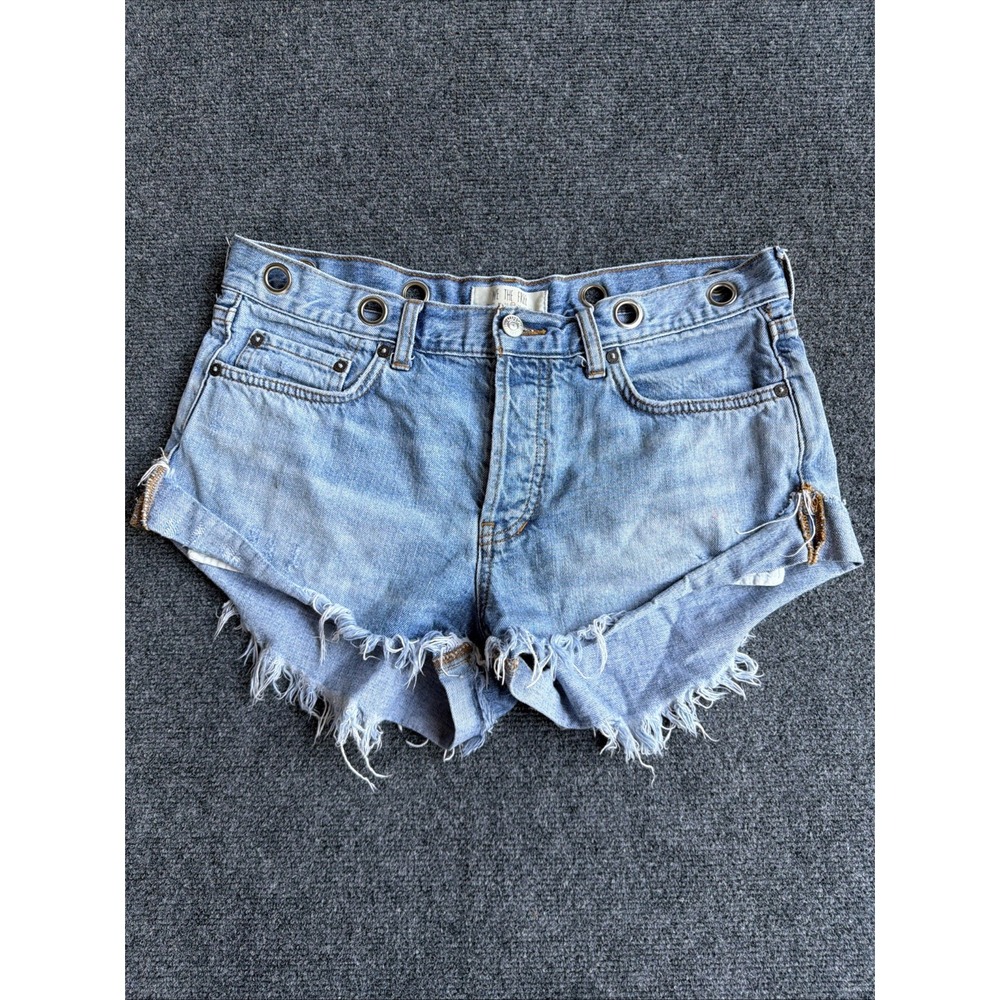 Free People Distressed Cut Off Denim Shorts Metal Grommets On Waistband